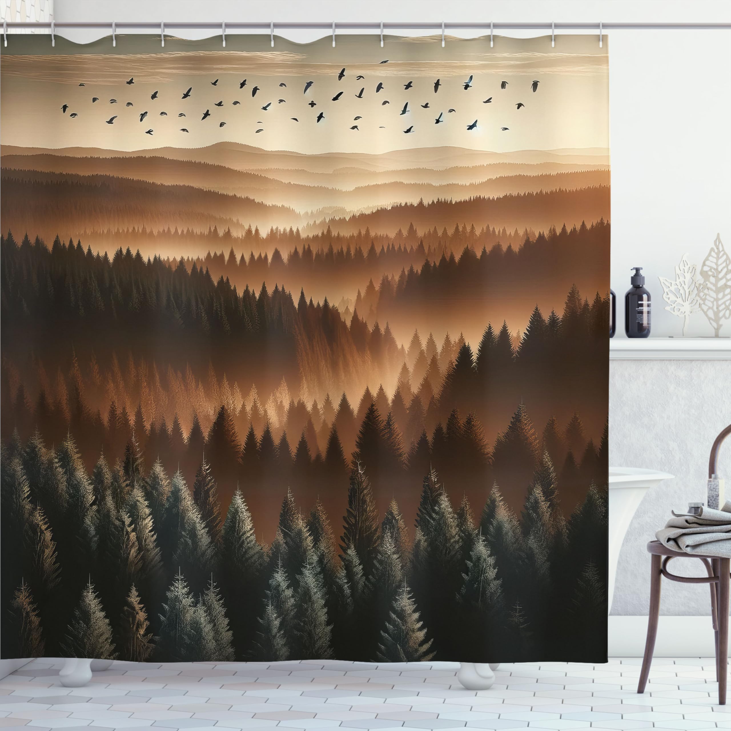 Ambesonne Brown Shower Curtain, Nature Wilderness Landscape Panorama Sunset On Mountain Forest Flying Birds, Cloth Fabric Bathro